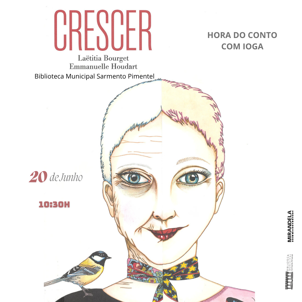 Hora do Conto e Yoga 'Crescer' de La&euml;titia Bourget - junho 2026 | Biblioteca Municipal Sarmento Pimentel